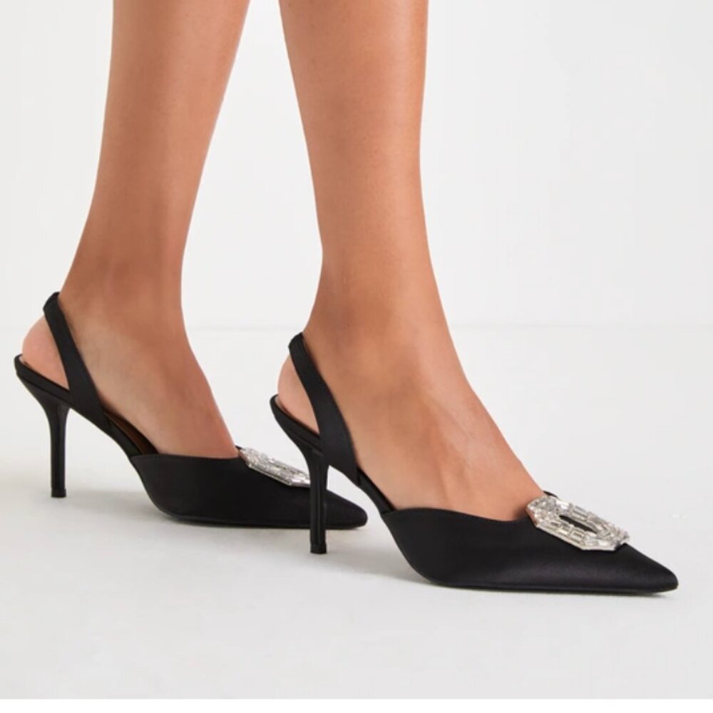 NWT Billini Black Satin Rhinestone Slingback Pump